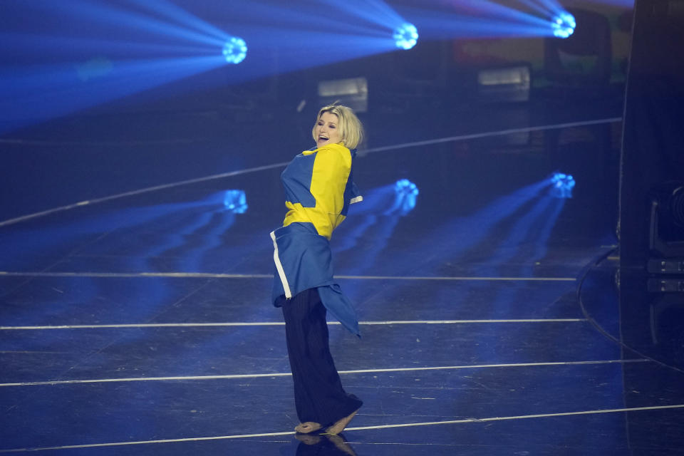 Cornelia Jakobs from Sweden arrives for the Grand Final of the Eurovision Song Contest at Palaolimpico arena, in Turin, Italy, Saturday, May 14, 2022. (AP Photo/Luca Bruno)