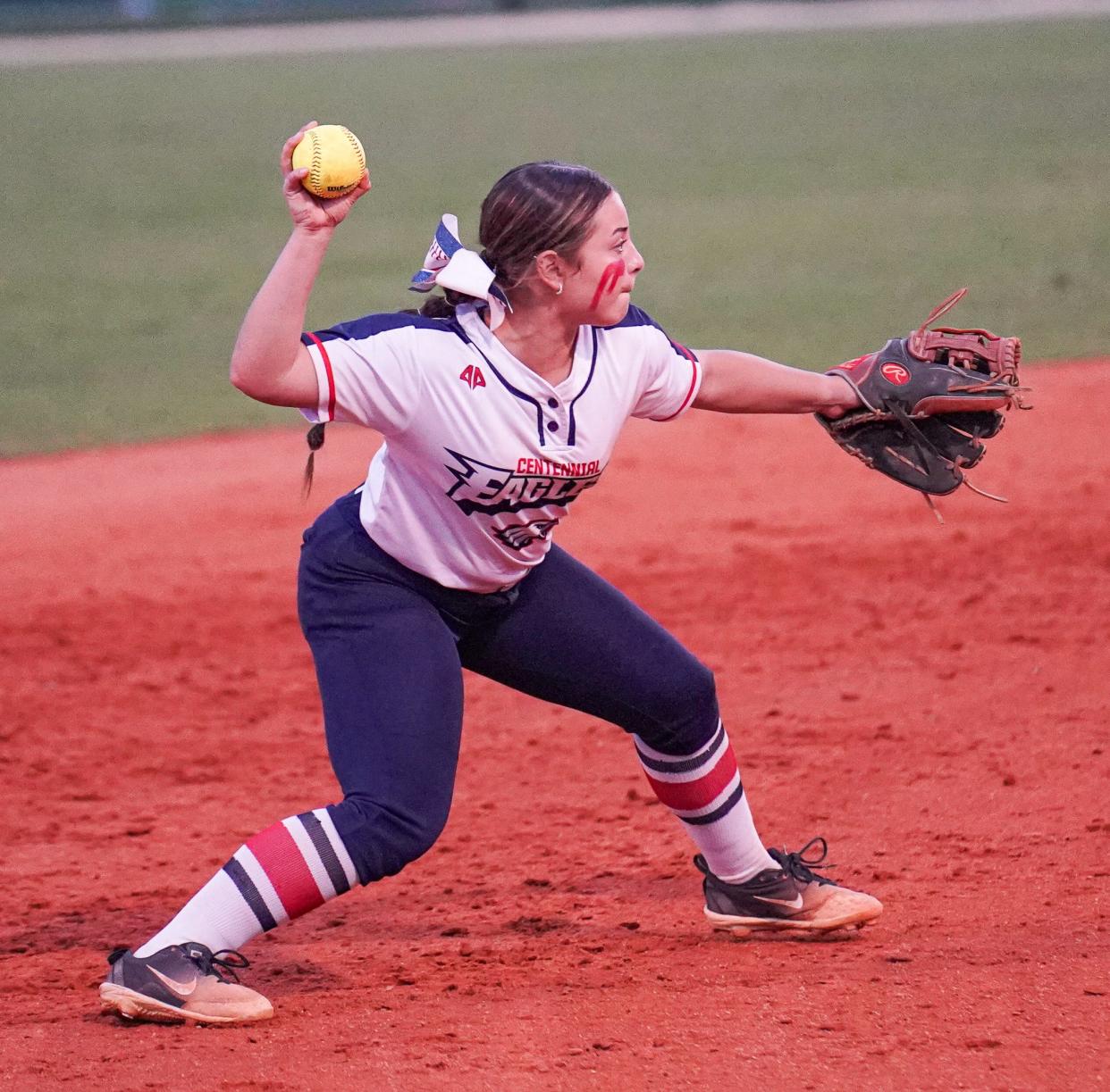 Centennial shortstop Jaelyn Cooke fires across the diamond against South Fork in a high school softball game on Monday, April 1, 2024 in Martin County. The Eagles won 4-0.