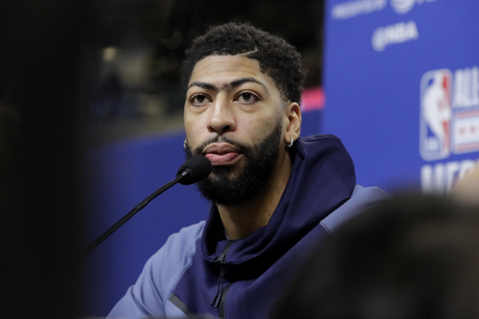 Anthony Davis, of the Los Angeles Lakers, speaks at the NBA All-Star basketball game media day, Saturday, Feb. 15, 2020, in Chicago. (AP Photo/Nam Y. Huh)