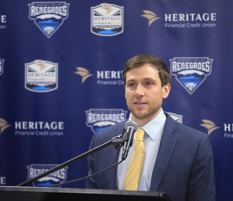 Hudson Valley Renegades general manager Tyson Jeffers speaks during a press conference on March 21, 2023. Dutchess Stadium has been renamed Heritage Financial Park. 