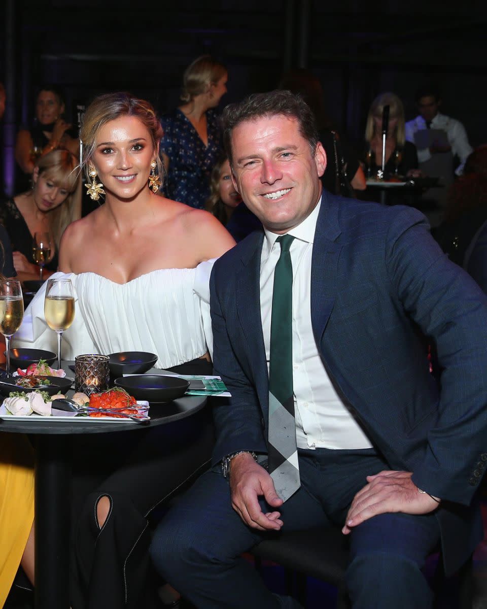 Karl Stefanovic has confirmed he is engaged to Jasmine Yarbrough. The pair are pictured here together at the 2018 David Jones Autumn Winter Fashion Show. Source: Getty