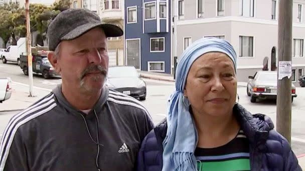 PHOTO: Jeff and Desiree Jolly are interviewed about receiving a parking ticket after curb was repainted while their car was parked in San Francisco, July 26, 2022. (KGO)