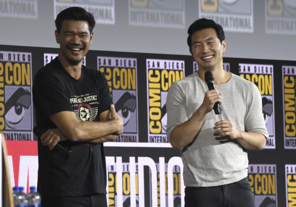 Destin Daniel Cretton, left, and Simu Liu speaks during the "Shang-Chi and The Legend of the Ten Rings" portion of the Marvel Studios panel on day three of Comic-Con International on Saturday, July 20, 2019, in San Diego. (Photo by Chris Pizzello/Invision/AP)