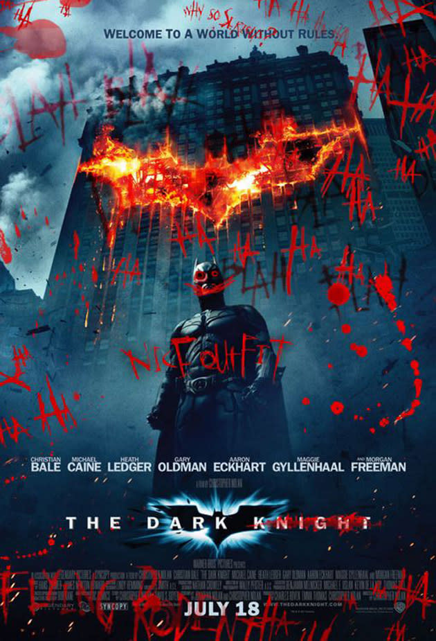 <b>’The Dark Knight’ (2008)</b><br><br> Even without Joker’s manic scribbles this is a fine poster. The damaged building ups the stakes and has connotations of the terrorism Joker is about to bring to Gotham. The clown prince of crime’s graffiti however was part of a brilliant move to re-release older posters with the smallest of changes. <br><br><b>[Related feature: <a href="http://uk.movies.yahoo.com/the-dark-knight-rises--the-secrets-of-nolan%E2%80%99s-success.html" data-ylk="slk:The Dark Knight Rises - The secrets to Nolan's success;elm:context_link;itc:0;sec:content-canvas;outcm:mb_qualified_link;_E:mb_qualified_link;ct:story;" class="link  yahoo-link">The Dark Knight Rises - The secrets to Nolan's success</a> ]</b>