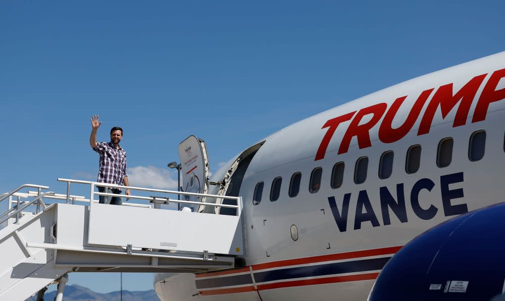 Vance boards his campaign plane on Aug. 1 after a trip to Arizona’s border with Mexico<span class="copyright">Anna Moneymaker—Getty Images</span>