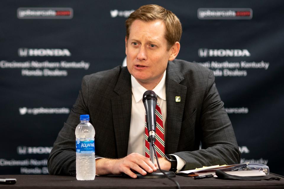 UC athletic director John Cunningham speaks during a press conference announcing the Bearcats' commitment to join the Big 12 conference on Sept. 10, 2021.