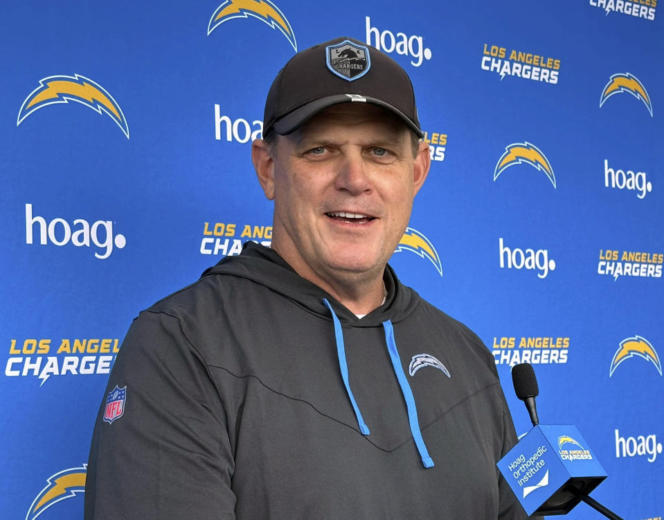 Los Angeles Chargers interim coach Giff Smith talks to the media after practice on Tuesday, Dec. 19, 2023, at the Chargers Hoag Performance Center in Costa Mesa, Calif.. Smith was named the interim coach last Friday after Brandon Staley was fired. (AP Photo/Joe Reedy)