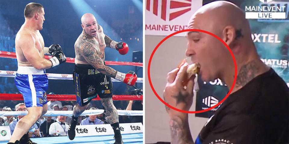 Lucas Browne (pictured right) eating before his boxing fight and (pictured left) Paul Gallen dodging a punch.