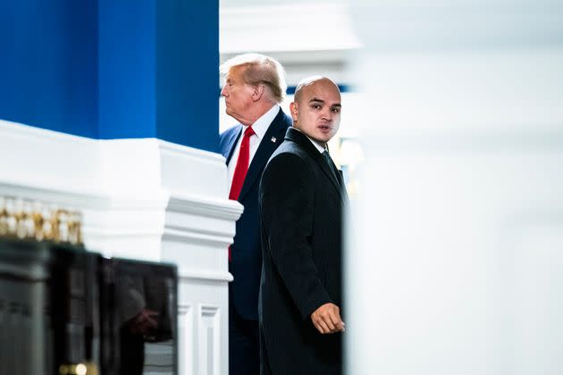 Walt Nauta arrives with former President Donald Trump before Trump speaks to reporters and members of the media at the Waldorf Astoria hotel after attending a hearing of the D.C. Circuit Court of Appeals at the federal courthouse on Jan. 9, 2024, in Washington, D.C. 