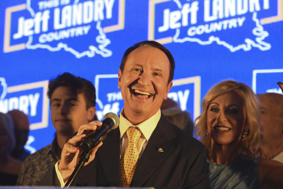 Louisiana gubernatorial candidate Jeff Landry speaks to supporters during a watch party at Broussard Ballroom, Saturday, Oct. 14, 2023, in Broussard, La. (Brad Kemp/The Advocate via AP)