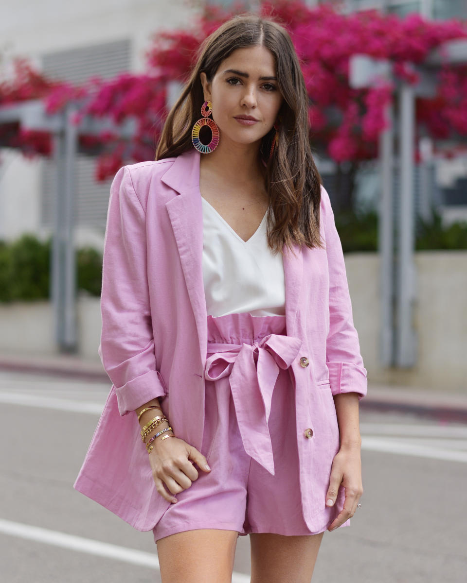 Fashion influencer and creative director of Blank Itinerary Paola Alberdi wears a matching blazer and paper bag pants from her limited capsule collection with Amazon. (Photo courtesy of Paola Alberdi)