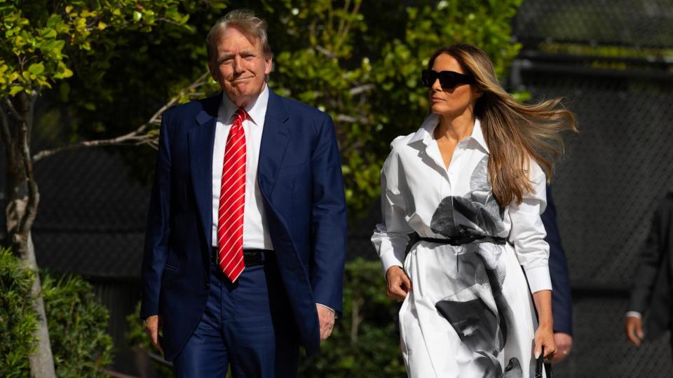 PHOTO: Former President and Republican presidential candidate Donald Trump and former First Lady Melania Trump arrive at a polling station at the Morton and Barbara Mandel Recreation Center, March 19, 2024, in Palm Beach, Fla. (Joe Raedle/Getty Images)