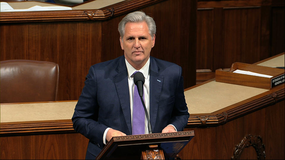 House Minority Leader Kevin McCarthy of Calif., speaks as the House of Representatives debates the articles of impeachment against President Donald Trump at the Capitol in Washington, Wednesday, Dec. 18, 2019. (House Television via AP)