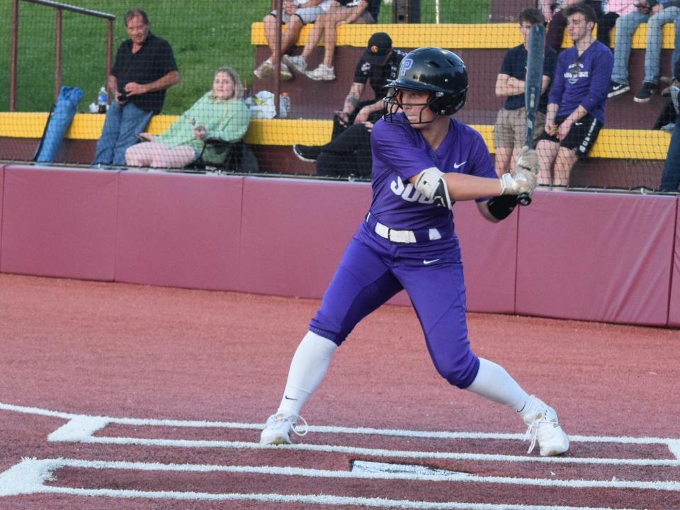 Bloomington South second baseman Kayli Reed starts her swing during the first inning of the Panthers' first round sectional game against Shelbyville. (Seth Tow/Herald-Times)