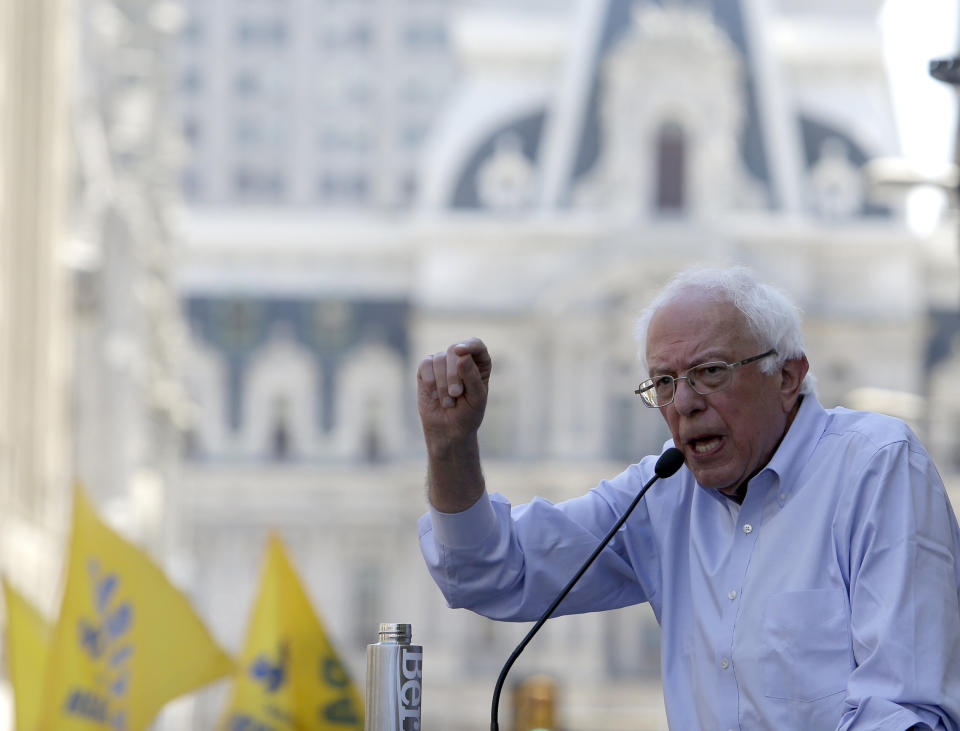 Sen. Bernie Sanders (I-Vt.) addresses a rally of union workers fighting the closure of a Philadelphia hospital on Monday. Support for unions is a hallmark of his campaign. (Photo: Jacqueline Larma/ASSOCIATED PRESS)