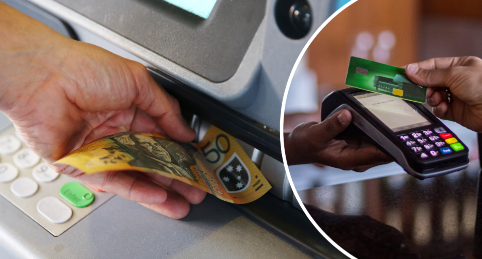 Aussie pulling cash out of ATM next to person using card to pay