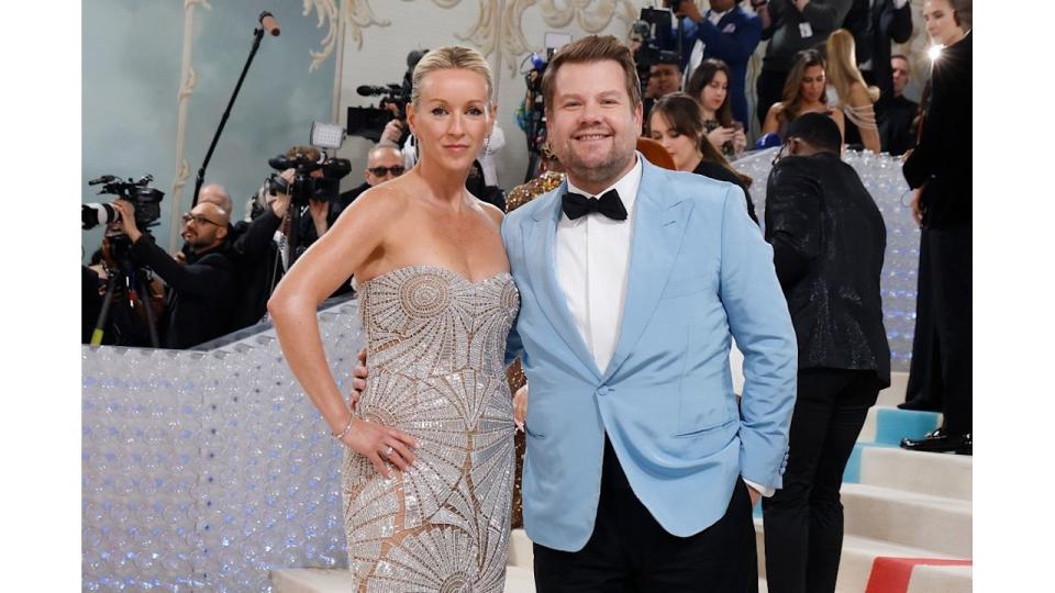 Julia Carey and James Corden attend the 2023 Costume Institute Benefit celebrating "Karl Lagerfeld: A Line of Beauty" at Metropolitan Museum of Art on May 01, 2023 in New York City
