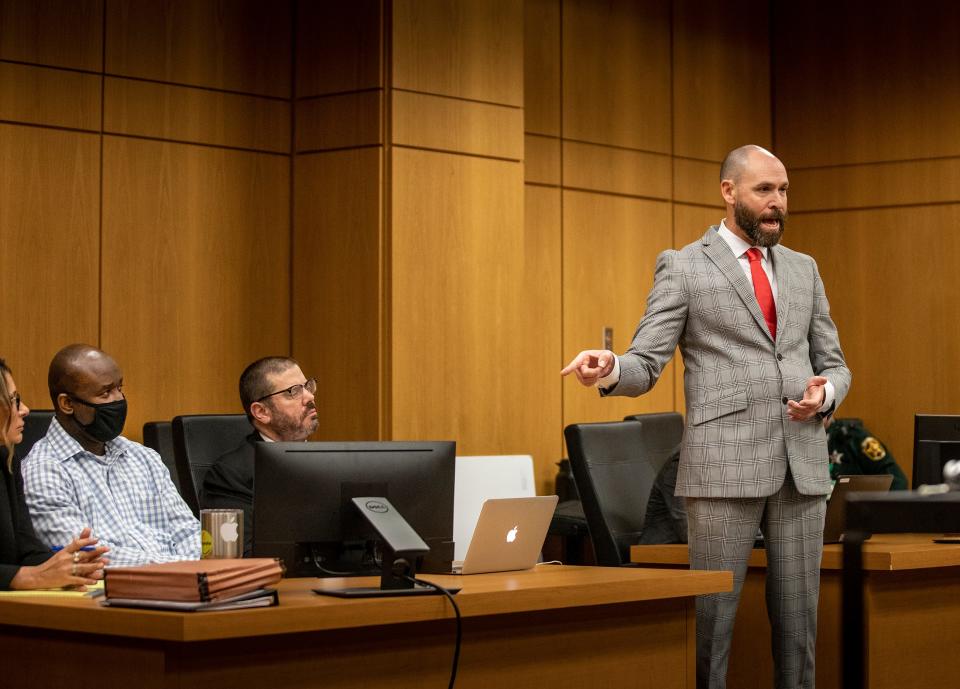 Assistant State Attorney Mark Levine points towards murder defendant Marcelle Jerrill Waldon during closing arguments in his first degree murder trial. A jury found Waldon guilty of 2 counts of first degree murder in the deaths of Edie Yates Henderson and her husband David Henderson in court in Bartow Fl. Wednesday January 31,2024. Waldon faces a possible death penalty sentence for the murders.
Ernst Peters/The Ledger