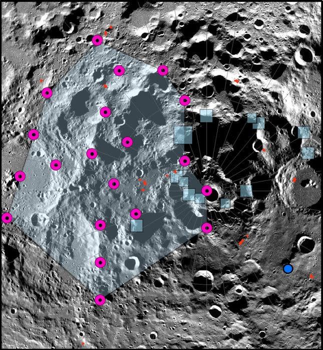 <em>The epicenter of one of the strongest moonquakes recorded by the Apollo Passive Seismic Experiment was located in the lunar south polar region. However, the exact location of the epicenter could not be accurately determined. A cloud of possible locations (magenta dots and light blue polygon) of the strong shallow moonquake using a relocation algorithm specifically adapted for very sparse seismic networks are distributed near the pole. Blue boxes show the locations of proposed Artemis III landing regions. Lobate thrust fault scarps are shown by small red lines. The cloud of epicenter locations encompasses a number of lobate scarps and many of the Artemis III landing regions. CREDIT: NASA/LRO/LROC/ASU/Smithsonian Institution.</em>