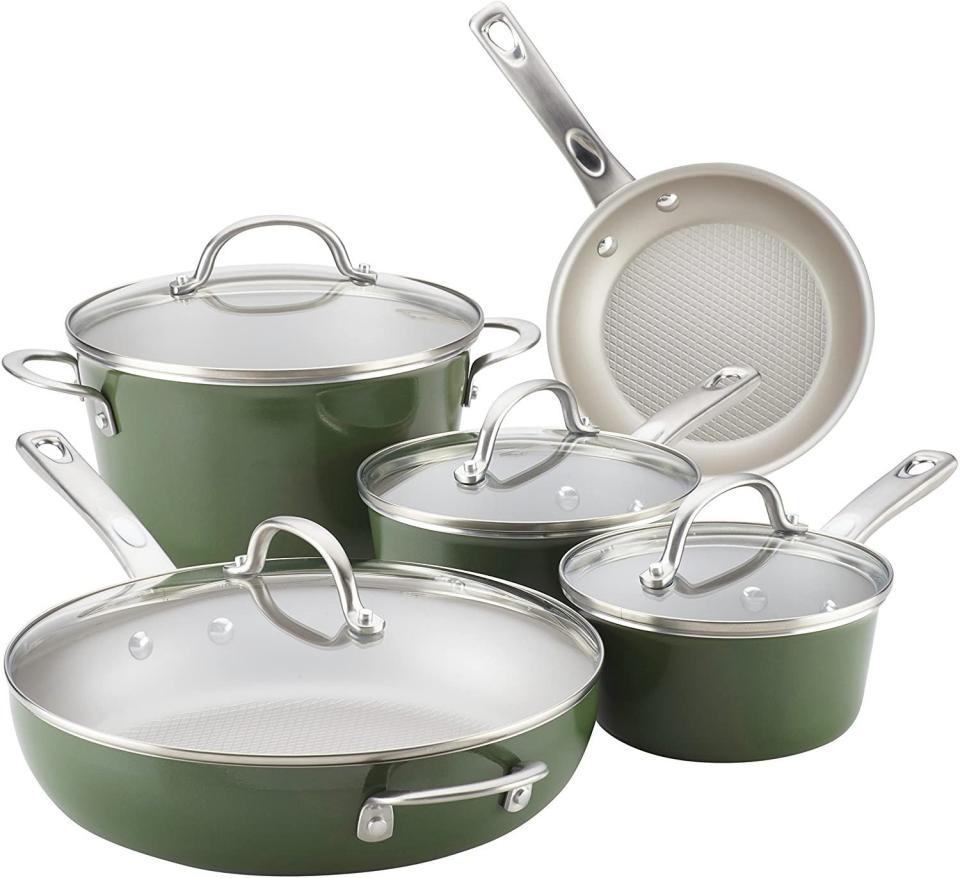 3) Ayesha Curry Home Collection Nonstick Cookware Pots and Pans Set, 9 Piece, Basil Green