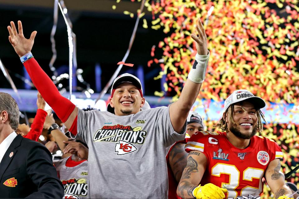 Patrick Mahomes celebrates the Chiefs' win in Super Bowl 54.