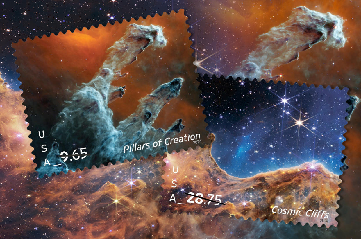  Us postal service stamps showing photos of a deep-space nebula captured by the james webb space telescope. 