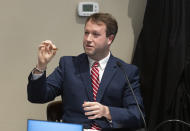 Firearms examiner Paul Greer describes different types of bullets during Alex Murdaugh's double murder trial at the Colleton County Courthouse in Walterboro, S.C., Friday, Feb. 3, 2023. The 54-year-old attorney is standing trial on two counts of murder in the shootings of his wife and son at their Colleton County home and hunting lodge on June 7, 2021. (Sam Wolfe/The State, Pool)