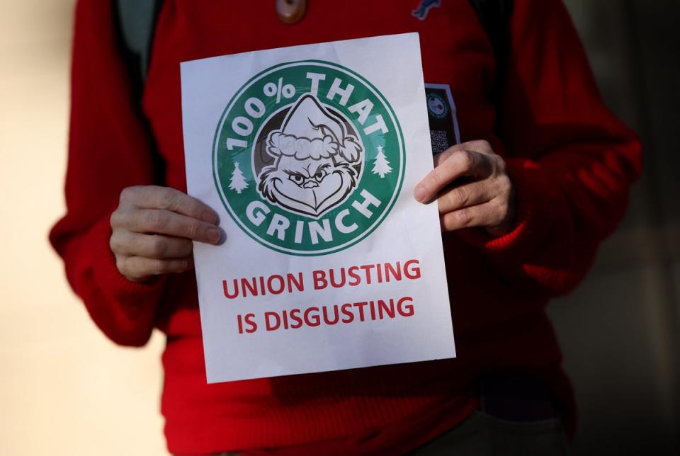 Members and supporters of Starbucks Workers United protest outside of a Starbucks store in Dupont Circle on November 16, 2023 in Washington, DC. (Getty Images)