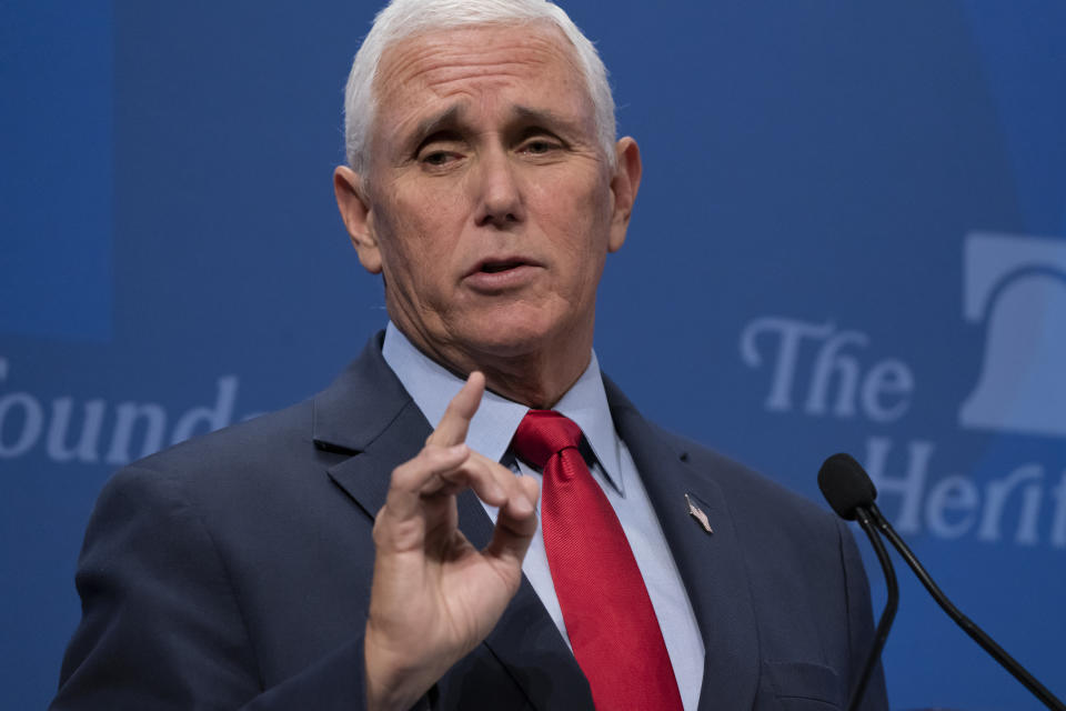 Former Vice President Mike Pence speaks at the Heritage Foundation, a conservative think tank, in Washington, Wednesday, Oct. 19, 2022. (AP Photo/J. Scott Applewhite)