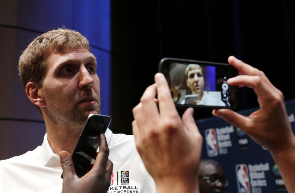 Dirk Nowitzki is entering his 20th NBA season and has taken to calling himself The Big Mummy. (AP)