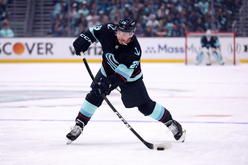 SEATTLE, WASHINGTON - MAY 13: Vince Dunn #29 of the Seattle Kraken shoots against the Dallas Stars during the second period in Game Six of the Second Round of the 2023 Stanley Cup Playoffs at Climate Pledge Arena on May 13, 2023 in Seattle, Washington. (Photo by Steph Chambers/Getty Images)