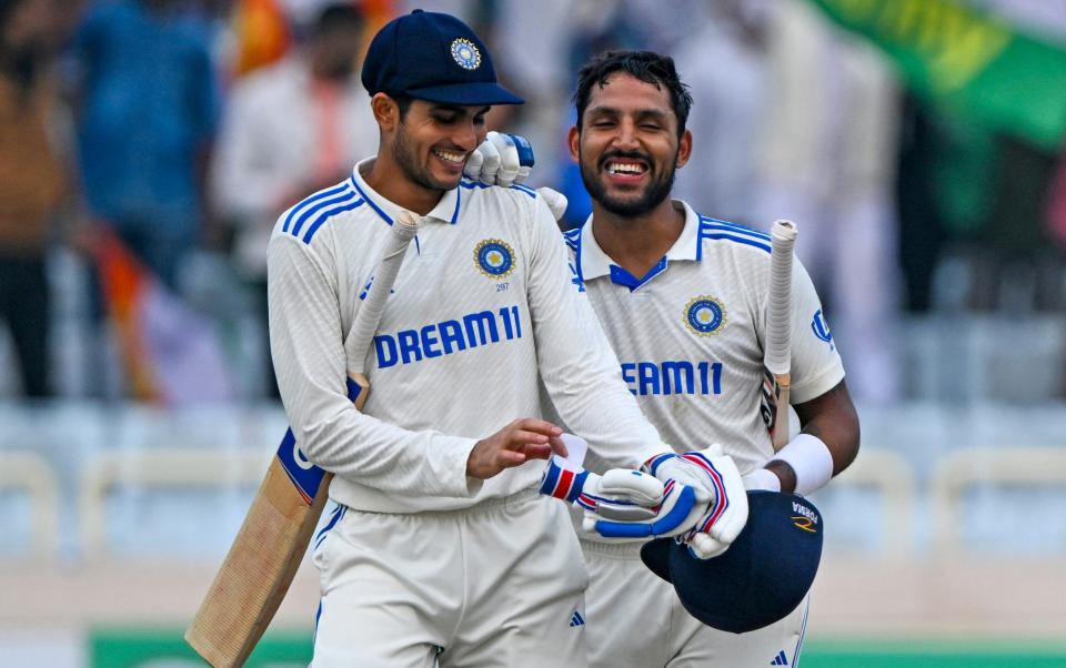 India's Shubman Gill (L) and Dhruv Jurel celebrate their win at the end of the fourth day of the fourth Test cricket match between India and England at the Jharkhand State Cricket Association (JSCA) Stadium in Ranchi on February 26, 2024