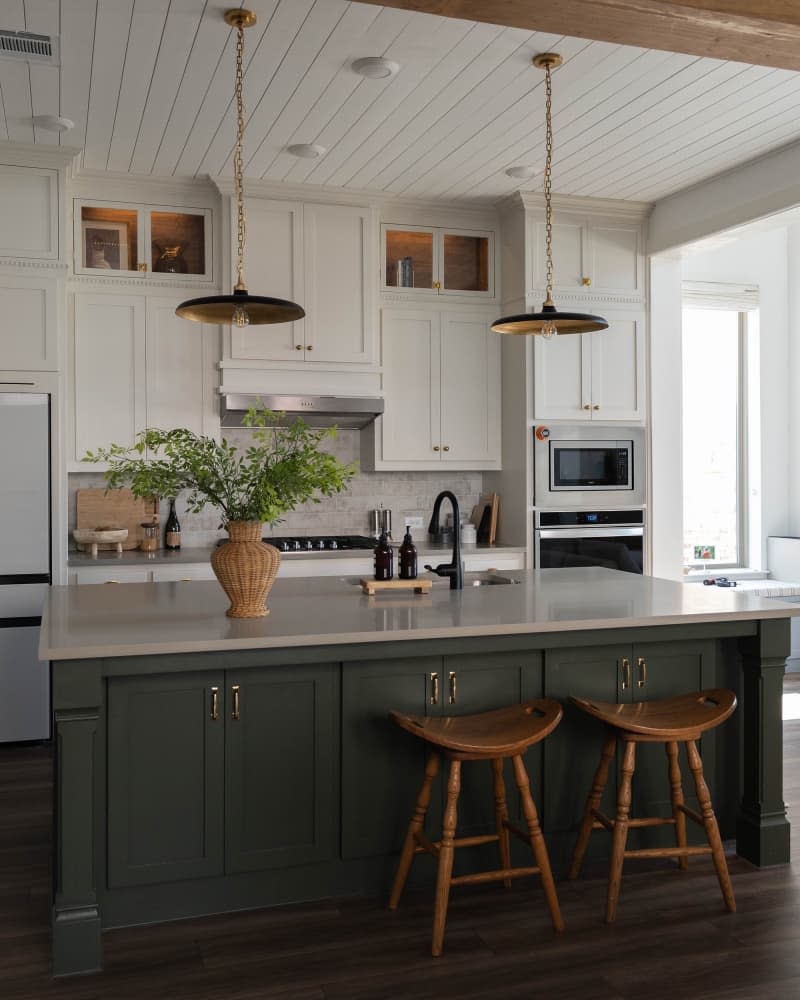 Pendants hanging above kitchen island in newly renovated kitchen.