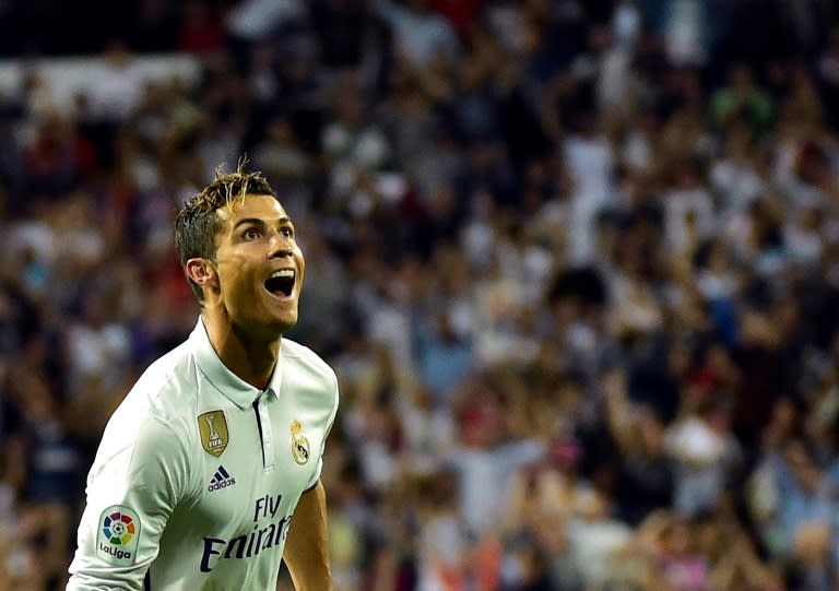 Real Madrid's forward Cristiano Ronaldo celebrates after scoring on May 14, 2017