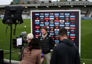 BOREHAMWOOD, ENGLAND - OCTOBER 18: Joe Montemurro manager / head coach of Arsenal is interviewed by the media after the Barclays FA Women's Super League match between Arsenal Women and Tottenham Hotspur Women at Meadow Park on October 18, 2020 in Borehamwood, England. (Photo by Catherine Ivill/Getty Images)