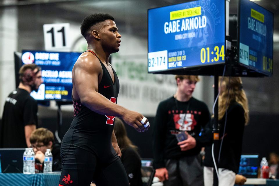 Iowa City High's Gabe Arnold wrestles during the Dan Gable Donnybrook tournament in December, 2022.