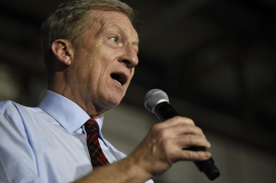 Democratic presidential hopeful Tom Steyer speaks at a campaign event in Florence, S.C., Saturday, Jan. 18, 2020. (AP Photo/Meg Kinnard)