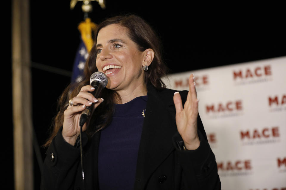 Republican Nancy Mace talks to supporters during her election night party Tuesday, Nov. 3, 2020, in Mount Pleasant, S.C. Mace is running for South Carolina's 1st Congressional District. (AP Photo/Mic Smith)