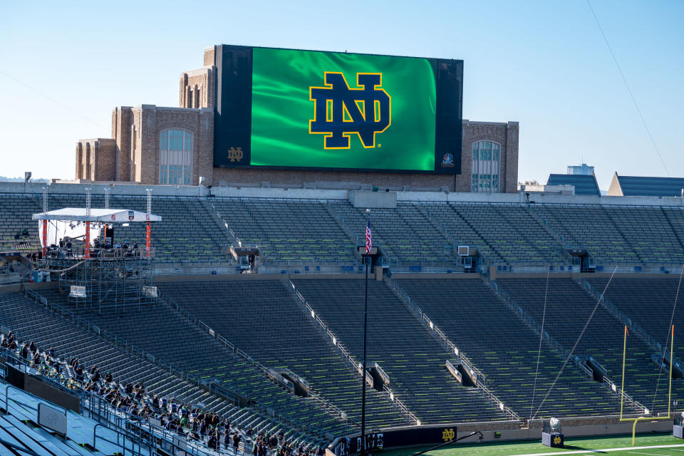 SOUTH BEND, INDIANA - NOVEMBER 07:  A general view of the ESPN College Gameday set in Notre Dame Stadium before the game between the Notre Dame Fighting Irish and the Clemson Tigers on November 7, 2020 in South Bend, Indiana. (Photo by Matt Cashore-Pool/Getty Images)