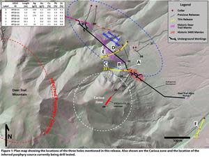 Plan map showing the locations of the three holes mentioned in this news release. Also shown are the Carissa zone and the location of the inferred porphyry source currently being drill tested.