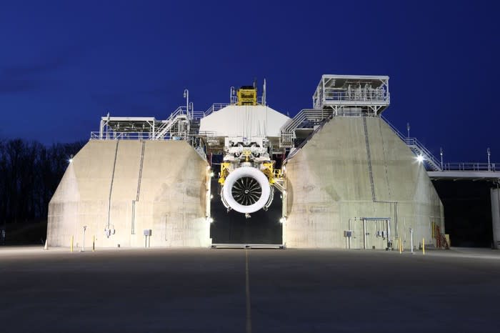 A GE jet engine in a test cell