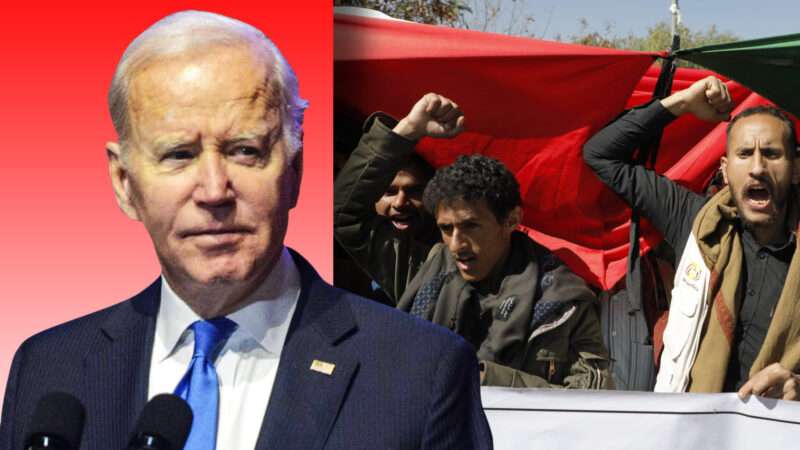 President Joe Biden and a photo of pro-Palestine protesters in Yemen