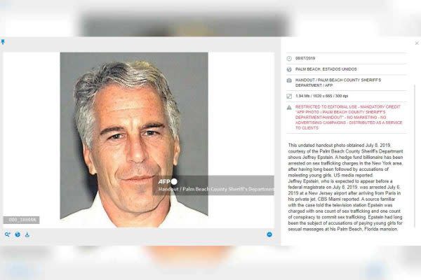 Captura de pantalla de la agencia AFP de imagen de Jeffrey Epstein 