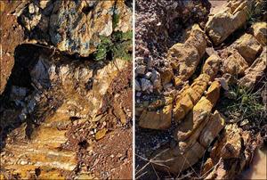 Fig 9 (L) – Quartz veins intruding cracks in host rock at Asia Wyalong mine. Fig 10 (R) – Folding in bedrock with tensional cracks and quartz veins at Asia Wyalong mine