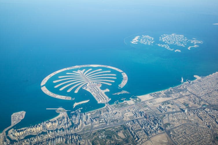 <span class="caption">The Dubai coastline, United Arab Emirates.</span> <span class="attribution"><a class="link " href="https://www.shutterstock.com/image-photo/dubai-coastline-united-arab-emirates-aerial-365501231?src=V71QMUGDvIakKOtl7gObxg-1-0&studio=1" rel="nofollow noopener" target="_blank" data-ylk="slk:Mario Hagen/Shutterstock.com;elm:context_link;itc:0;sec:content-canvas">Mario Hagen/Shutterstock.com</a></span>