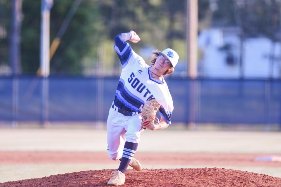 Jaden Marvin delivers a pitch as the South Brunswick baseball team hosted Carrboro in the second round of the NCHSAA 3A State Playoffs on Friday, May 12.