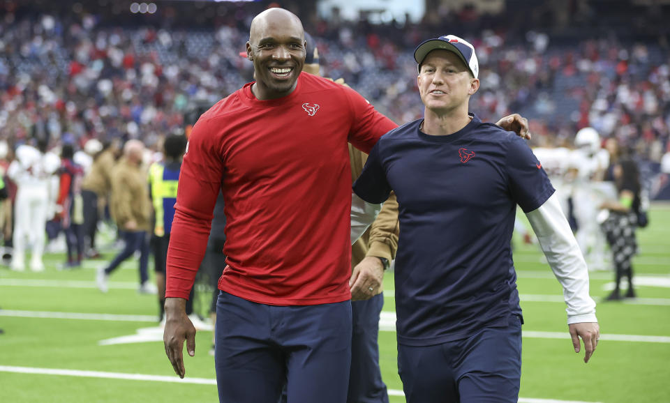 Houston Texans head coach DeMeco Ryans (left) and offensive coordinator Bobby Slowik. Mandatory Credit: Troy Taormina-USA TODAY Sports