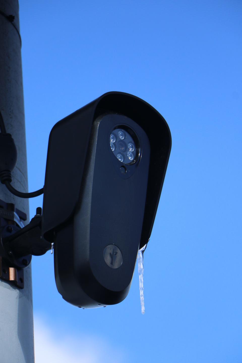 A Flock Safety surveillance camera in Pawtucket, on Broadway at Columbine Avenue, near the Attleboro line.
