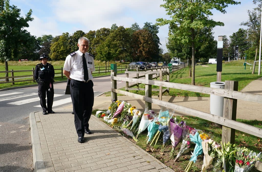 Chief Superintendent Trevor Lawry by the floral tributes near where the body of Sabina Nessa was found (PA)