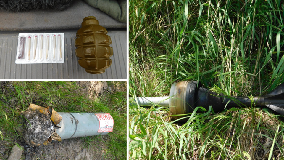 Top left - a hand grenade. Bottom - an exploded bomb. Right - an unexploded bomb.